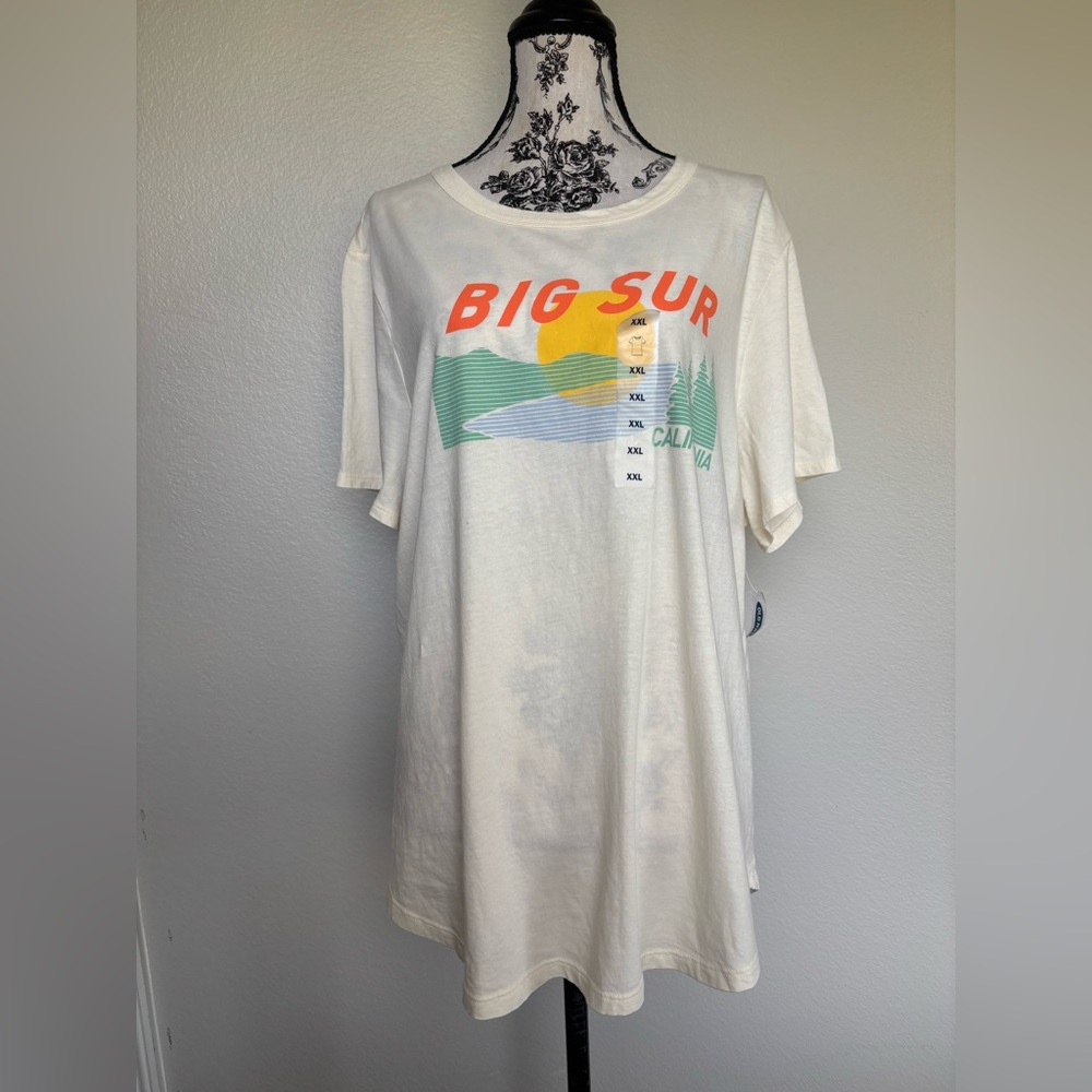 Old Navy beige  Tee with Orange Text and Yellow Sun Graphic